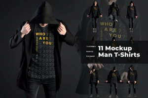 11款街头嘻哈男士套头连衣帽卫衣T恤印花图案设计展示PS智能贴图样机模板