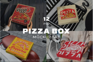 12款高级西餐披萨外卖包装纸盒外观设计展示效果图PSD样机模板合集