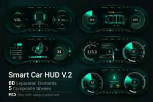 85款新能源智能汽车仪表盘界面HUD元素设计PS素材源文件