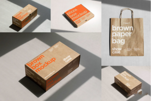 5款高级鞋盒披萨纸盒购物手提纸袋设计PS展示贴图样机模板