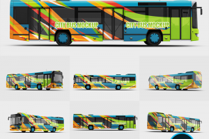 6款公交车城市公共汽车巴士广告VI效果图贴图样机模板设计素材PSD