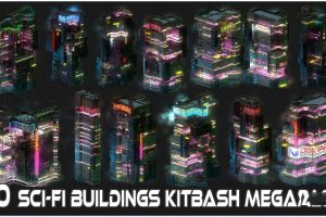 80款科幻赛博朋克未来城市建筑摩天大楼城堡塔包捆绑包 Kitbash 3D模型带纹理贴图