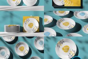 7款陶瓷餐具盘子餐盘图案VI包装效果展示PSD智能贴图样机PS设计素材