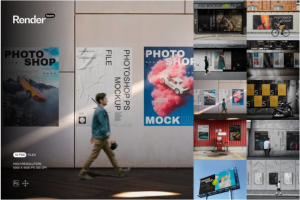 10款时尚城市街头墙贴胶合海报招贴广告牌设计展示贴图PSD样机模板