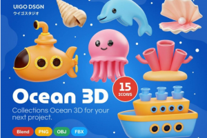 15款卡通有趣海洋鱼类生物渔船3D插图插画图标Icons设计素材包