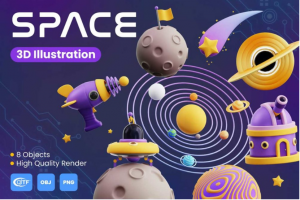 32款高级卡通创意太空宇宙行星飞船3D图标Icons设计素材合集
