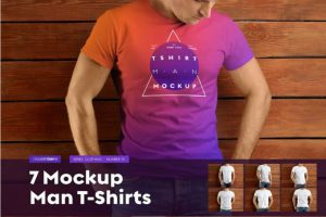 7款时尚木质背景男士半袖T恤衫印花图案设计PS展示贴图样机模板