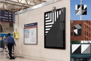 时尚城市车站墙体街头海报指示牌广告牌设计展示贴图PSD样机模板