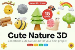 15款可爱卡通趣味大自然动物昆虫彩虹树木3D插图图标Icons设计素材
