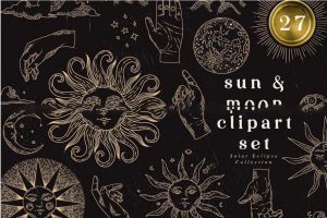 27款复古占星术月亮太阳星球手势手绘矢量插画插图AI设计素材合集