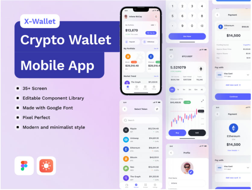 35屏时尚加密货币电子钱包APP应用软件界面设计Figma模板素材_琦美素材库,让您的设计少走弯路~