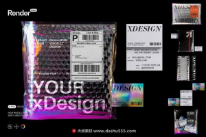 6款潮流品牌VI设计全息快递气泡包装袋名片iPhone 15 Pro展示贴图PSD样机模板     1182期