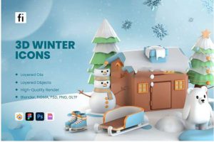 30款卡通冬季天气气候雪人房屋松树插图3D图标Icons设计素材包