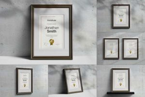 逼真A4荣誉证书奖状照片展示木质相框样机模板PSD设计素材