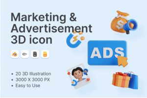 20款时尚电商网络广告营销3D立体图标Icons设计素材包