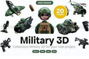 20款高级卡通军事飞机坦克枪支炸弹3D插图图标Icons设计素材包
