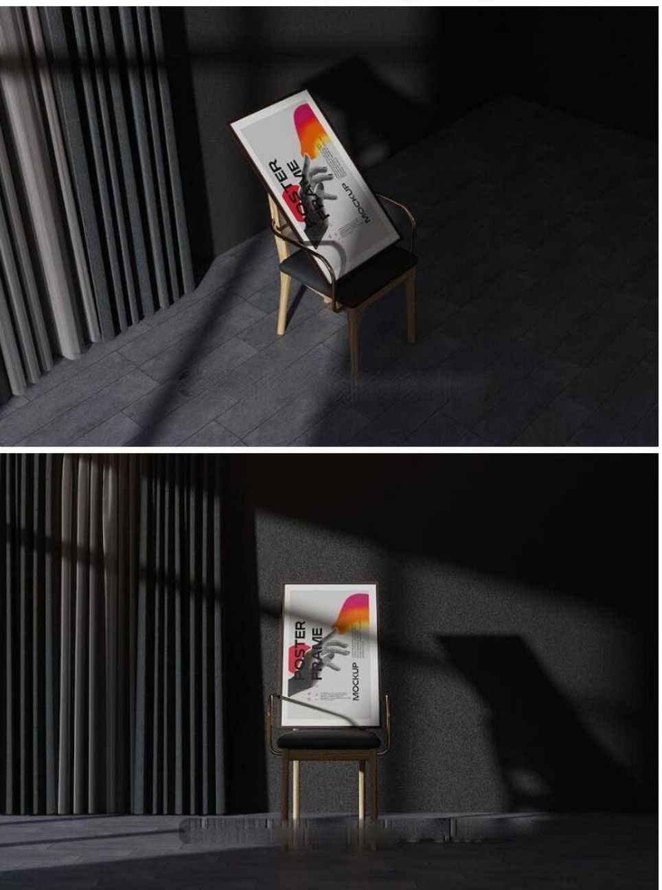 4款暗色黑夜客厅画框海报框架艺术品插画设计PSD样机模板源文件ps素材