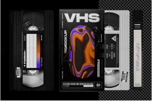 潮流复古VHS录像磁带包装盒贴纸设计展示贴图psd样机素材