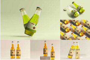 57款时尚透明果汁饮料苏打水玻璃瓶设计展示效果图PSD样机模板
