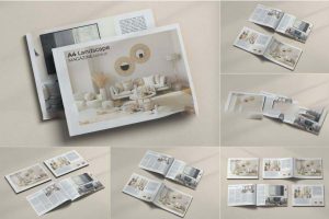 12款时尚横版杂志画册设计展示效果图PSD样机模板素材