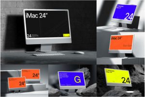 16款工业风混凝土背景苹果iMac 24寸一体机电脑屏幕演示PSD样机模板