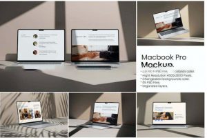 5款时尚光影苹果MacBook Pro笔记本电脑屏幕演示效果图PSD样机模板