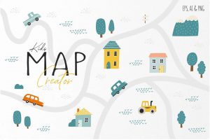 极简主义幼儿园儿童地图创造套装插画素材
