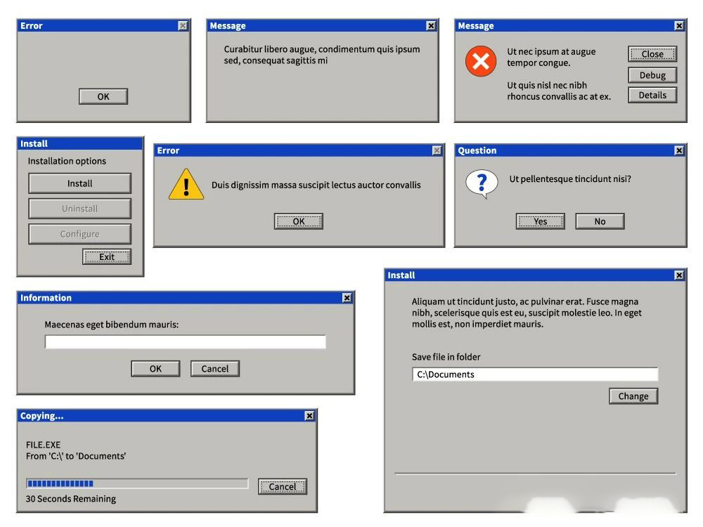 电脑Windows98风格系统弹出窗口框警告图标文件夹eps矢量弹窗素材_琦美素材库,让您的设计少走弯路~