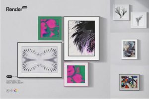 4款时尚室内相框挂画海报艺术设计展示效果图PSD样机模板素材
