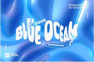 165款蓝色3D液体流体海洋波浪元素背景Y2K涂鸦抽象文字图片设计素材