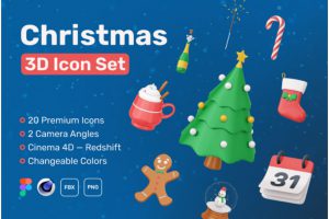 20款独特卡通圣诞节主题节日假日3D图标Icons设计素材包