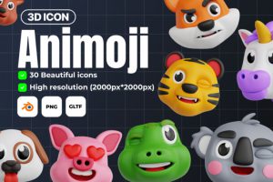 30款可爱卡通动物表情Animoji 3D立体图标Icons设计素材合集