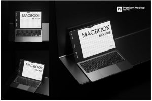 3款暗黑工业风苹果MacBook笔记本电脑屏幕演示贴图PSD样机模板