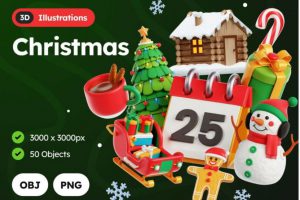 50款高级卡通圣诞节派对礼物圣诞树3D立体图标Icons设计素材