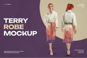 5款时尚女士长袍睡衣浴衣印花图案设计展示贴图PSD样机模板