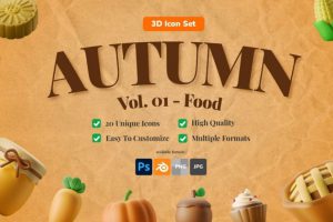 20款独特秋季农产品水果食物主题3D图标Icons设计素材包