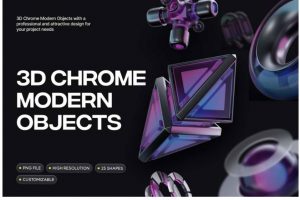 25款未来科幻半透明磨砂3D立体黑色镀铬金属质感抽象图形PNG免抠图设计素材