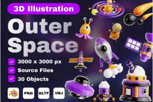 30款高级质感外太空星球卫星飞船宇航员3D图标Icons设计素材合集