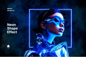 未来科幻赛博朋克风蓝色方框装饰人像图片修图PS滤镜特效样机模板