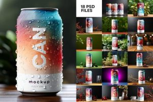 18款时尚AI智能生成听装啤酒饮料苏打水金属易拉罐锡罐设计展示效果图PSD样机模板