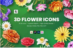 30款高级花卉花朵3D插画插图图标Icons设计BLEND_PNG_FIG_PSD格式素材