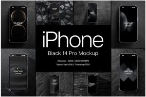 8款暗黑风苹果iPhone 14 Pro Max屏幕演示效果图PS贴图样机模板素材