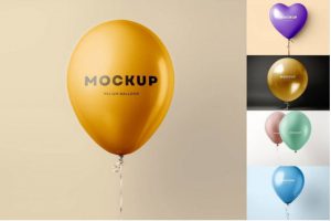 逼真节日庆祝漂浮气球LOGO图案印花设计展示效果图PSD样机模板