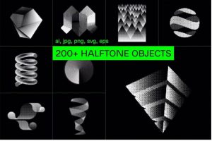 216款潮流半调波点颗粒纹理3D三维几何形状图形AI矢量设计素材