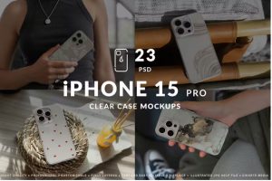 23款逼真苹果iPhone 15 Pro塑料保护外壳印花图案设计PS贴图效果图样机模板