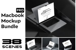 38款工业风苹果MacBook笔记本电脑作品展示效果图PS样机模板素材