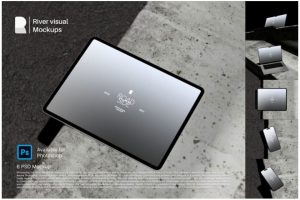 6款工业风混凝土背景苹果MacBook笔记本iPad平板iPhone手机演示效果图PS贴图样机模板