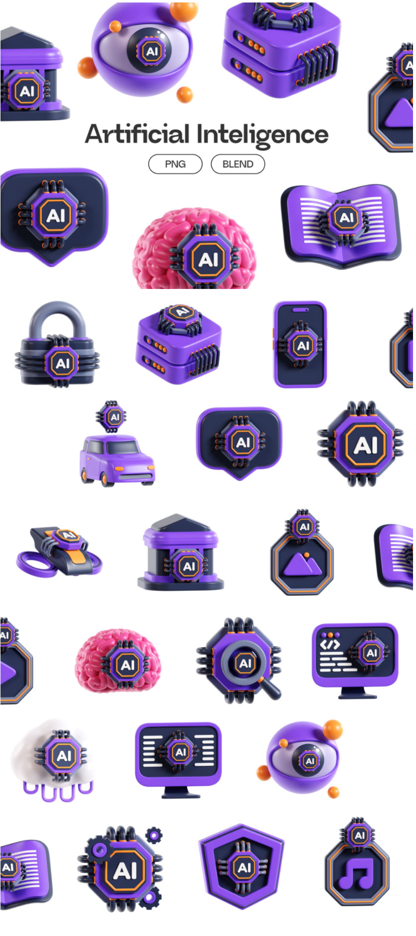 20款高级AI智能大脑芯片科技插图3D图标Icons设计Blender_PNG格式素材_琦美素材库，让您的设计少走弯路~