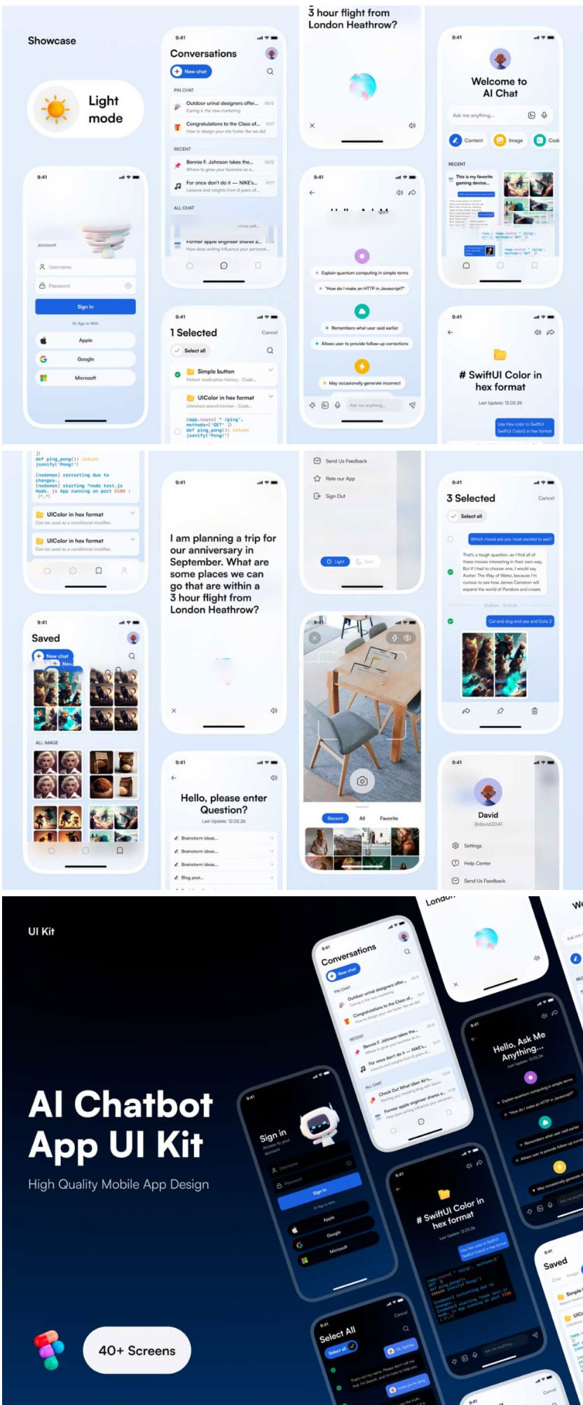 40+屏双配色Ai人工智能聊天机器人APP用户界面UI设计Figma模板套件_琦美素材库,让您的设计少走弯路~