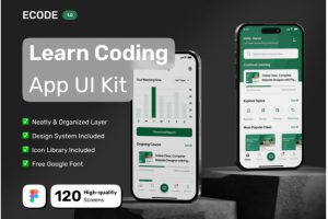60屏双配色编程代码软件开发在线学习教育APP应用程序界面设计Figma模板套件素材